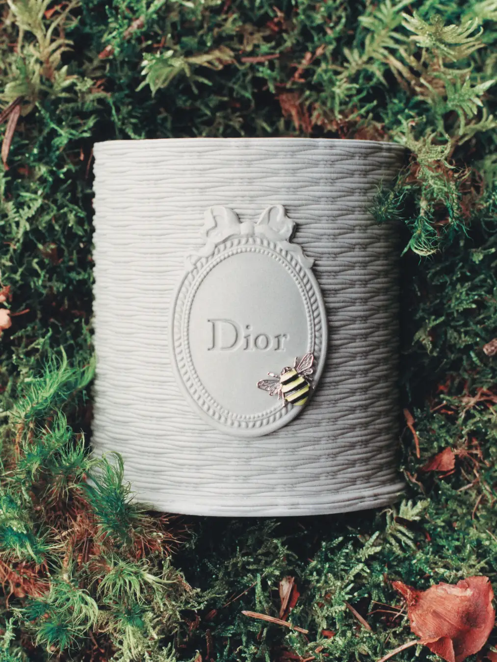 植物に囲まれたグレーのDiorキャンドル