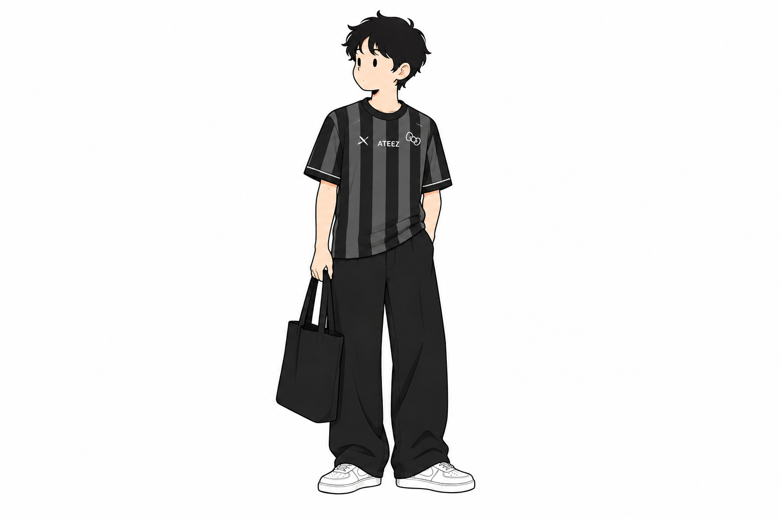 黒のパンツと白いスニーカーを合わせたスタイリングイメージ