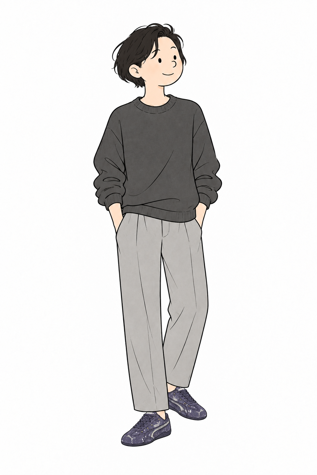 グレーの服にグリッターのスニーカーを合わせた男性のスタイリングイメージ