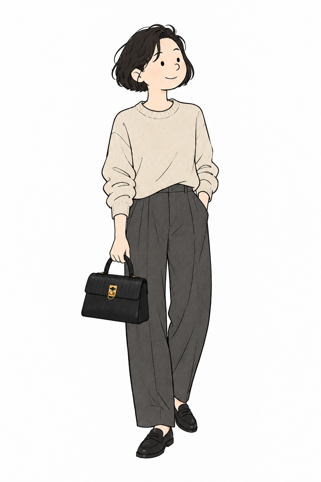 ニットとワイドパンツに黒いバッグを合わせるコーディネート