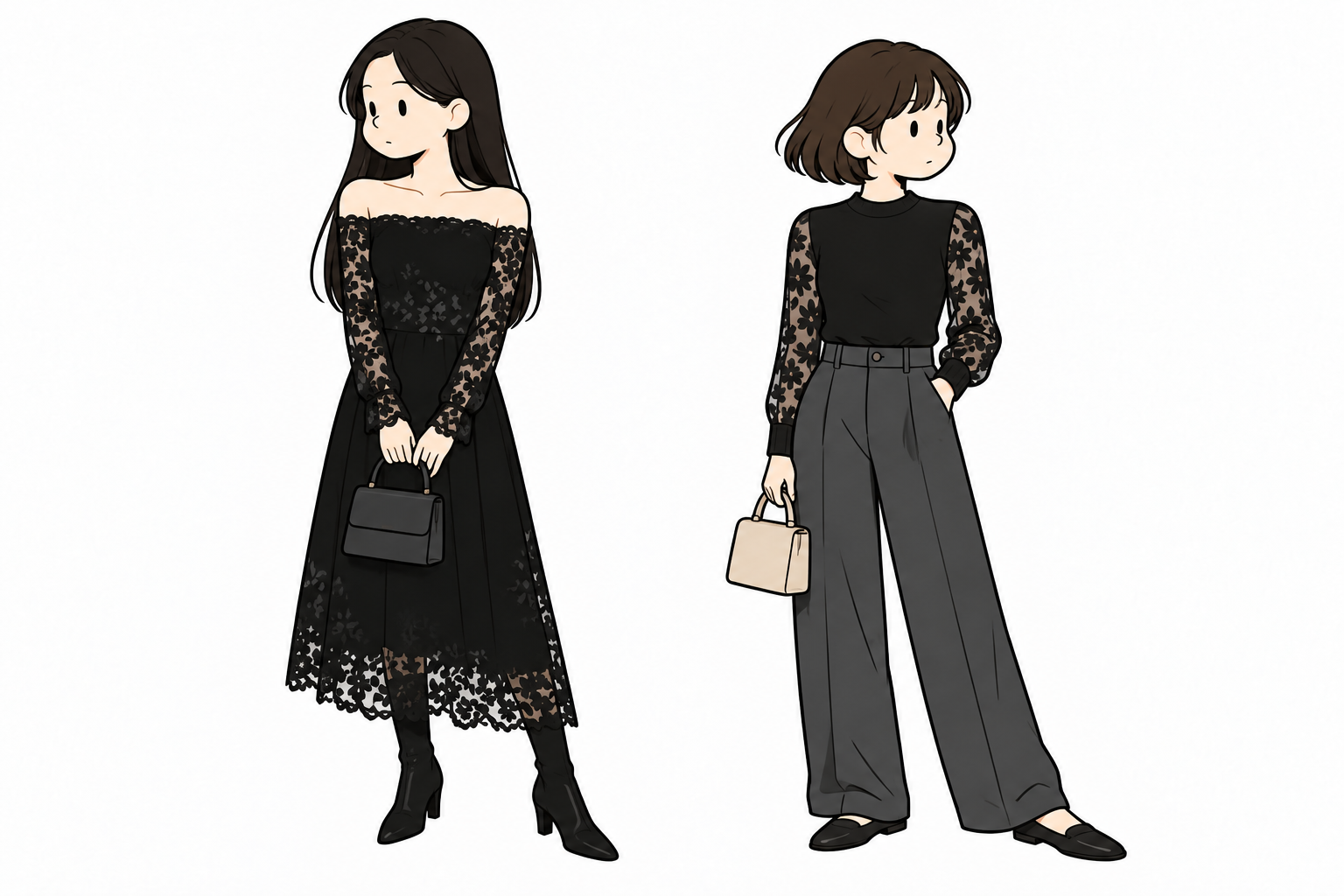 黒のレースドレスと、レース袖トップスを使ったパンツスタイルのイラスト