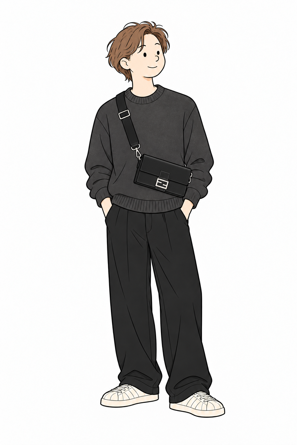 チャコールのニットと黒のパンツにバゲット アーバンを合わせた男性のイラスト
