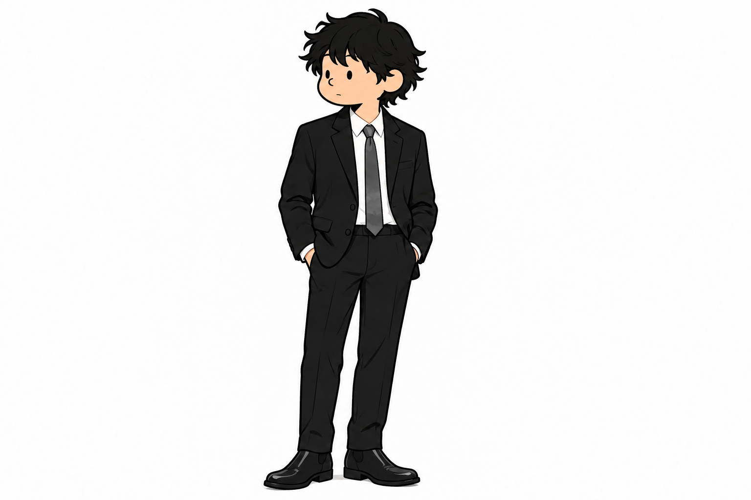 黒いスーツと白いシャツ、グレーのタイを合わせた男性のコーディネートイラスト