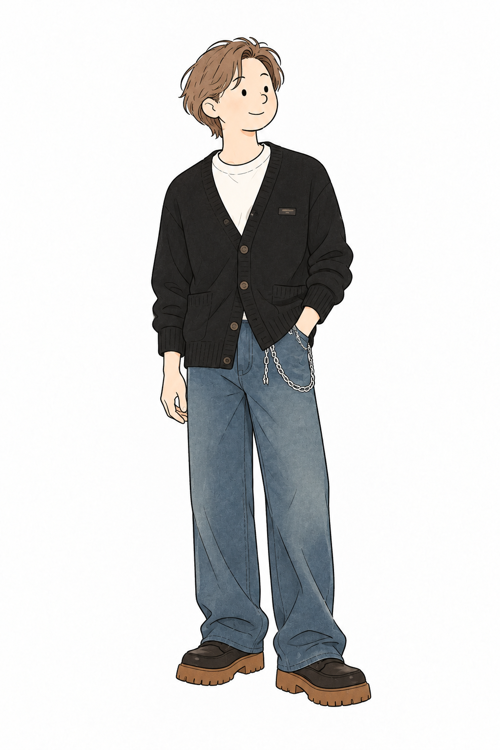 黒いカーディガンとデニムの男性スタイリングイメージ