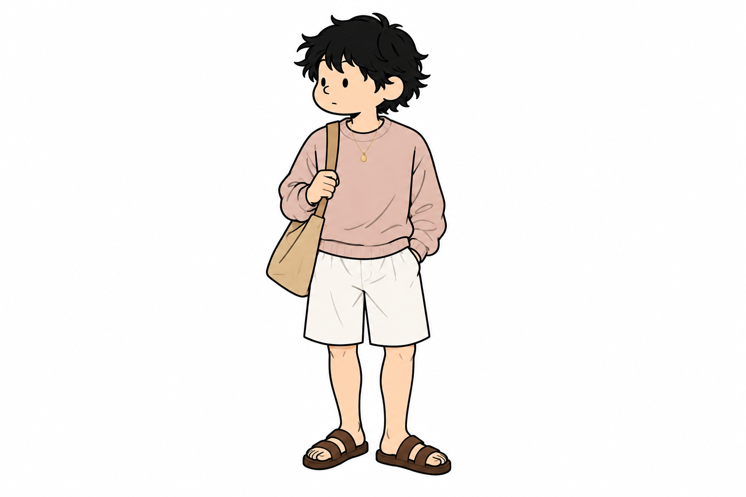 淡いピンクのニットと白いショートパンツのスタイリングイラスト