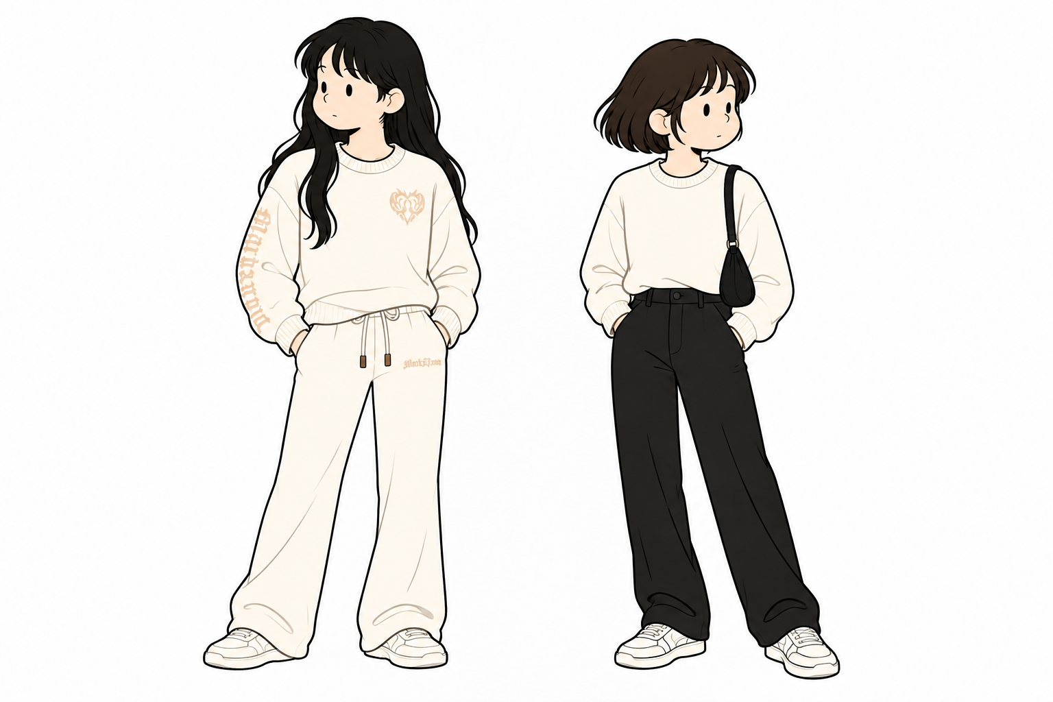 白のニットセットアップと、白ニットに黒パンツを合わせたコーデイラスト