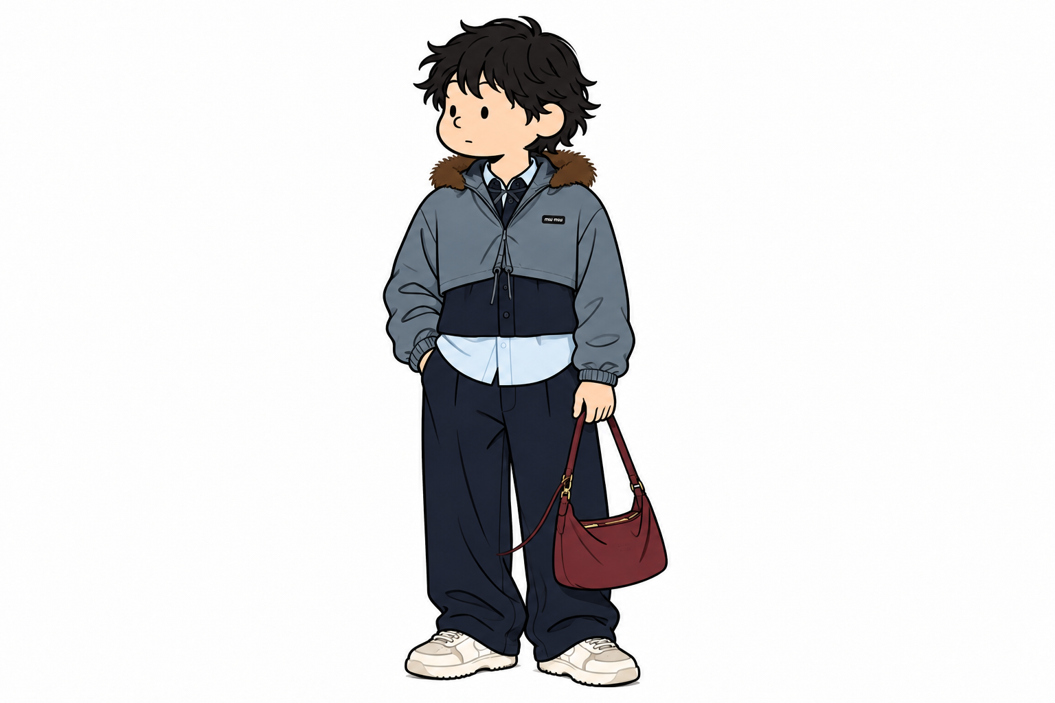 短丈アウターとワイドパンツ、バーガンディのバッグを合わせたスタイリングイラスト